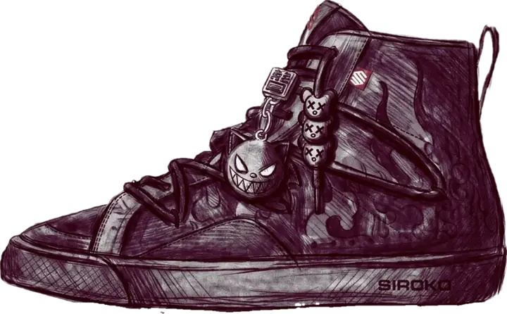 Zapatilla MDKT Infinity #002 pie izquierdo, con relieve de llamas y charm de gato demonio